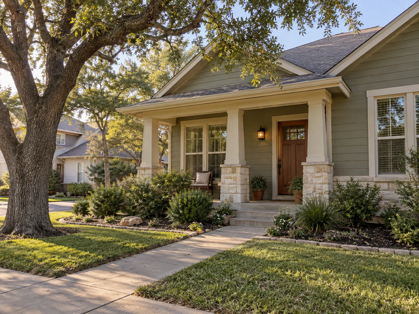 AI-generated illustration: a welcoming Central Texas home with a shaded front porch, mature live oak trees, and a neighboring home