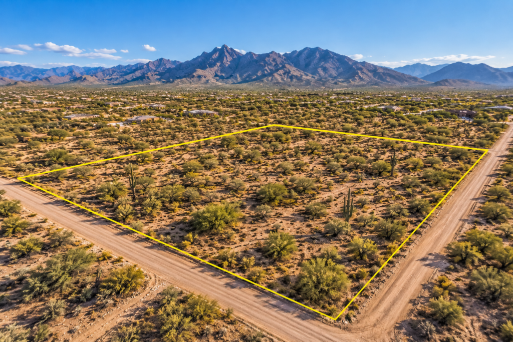 Aerial view of vacant Arizona land with marked property boundaries, desert landscape, and mountains in the background