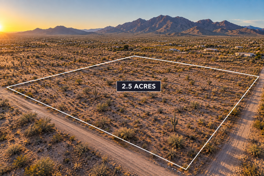 Aerial view of 2.5 acres of vacant Arizona land with marked property boundaries and desert mountains in the background