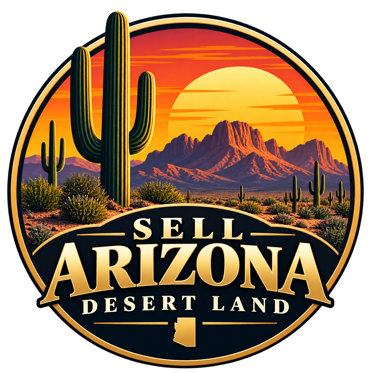 Sell Arizona Desert Land logo featuring Arizona desert landscape, mountains, sunset, and saguaro cacti