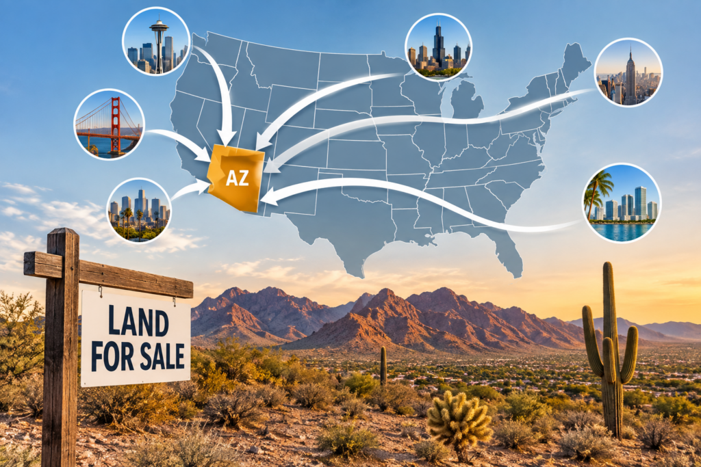 Out-of-state landowners selling Arizona land, with a U.S. map showing connections to vacant land in Arizona