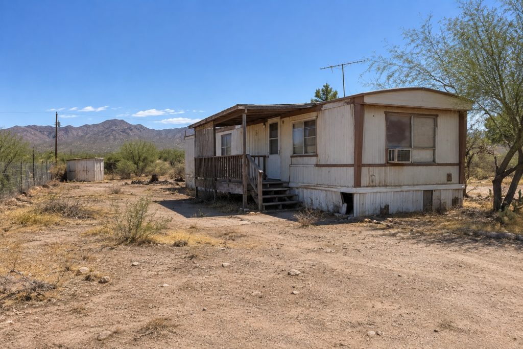 Older mobile home on private land in Arizona with desert acreage