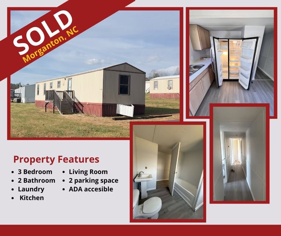 Sold mobile home in Morganton North Carolina with 3 bedrooms, 2 bathrooms, laundry, kitchen, living room, 2 parking spaces and ADA accessibility