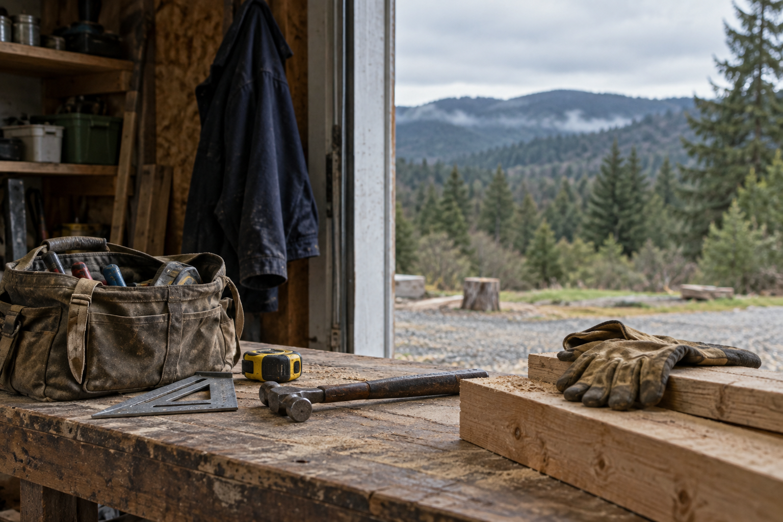 Well-used tools on a workshop bench overlooking evergreen hills