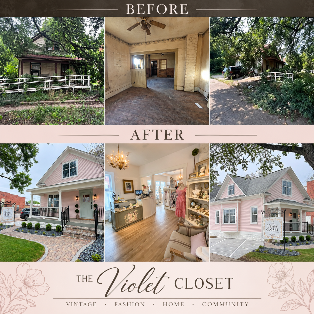 Before-and-after renovation of a historic Wichita house transformed into The Violet Closet boutique