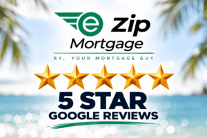 Five-star Google reviews graphic with the E Zip Mortgage logo over a coastal palm tree background