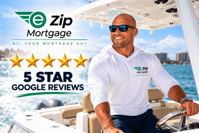 Ryan Meyer, E Zip Mortgage broker, smiling on his boat beside a five-star Google reviews graphic