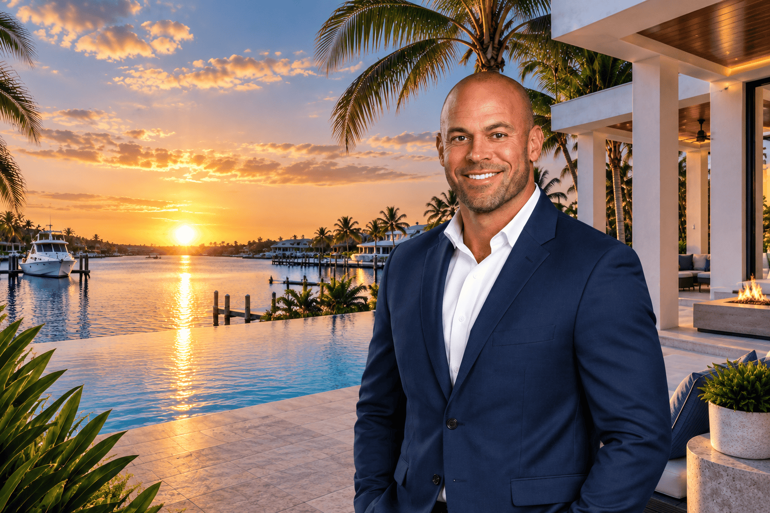 Waterfront home exterior with pool at sunset, representing Florida coastal living