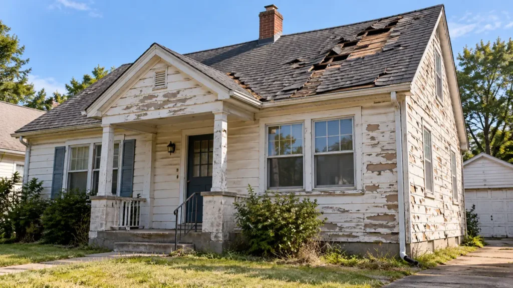House with a damaged roof and peeling exterior paint