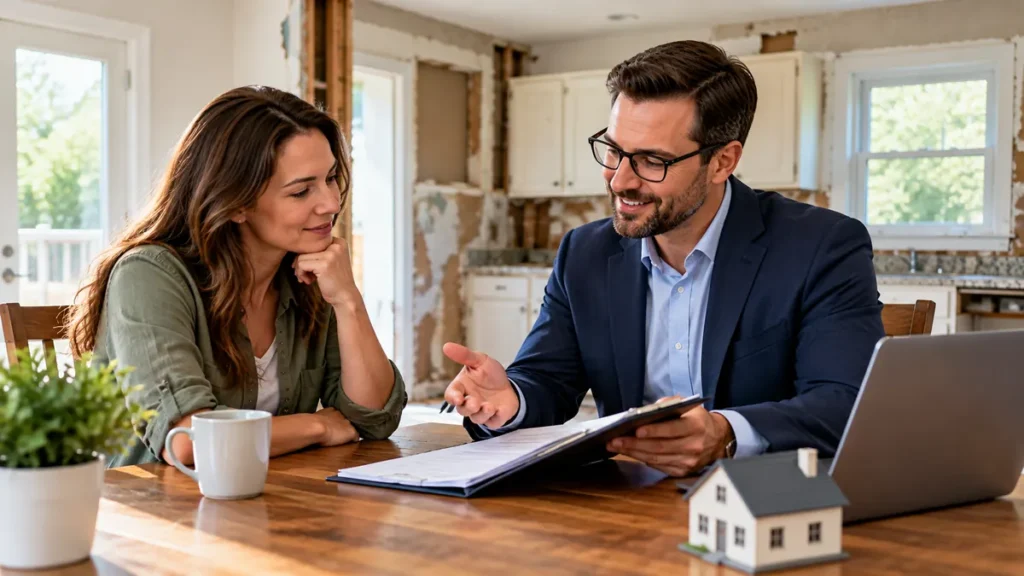 Homeowner discussing a house sale with a real estate professional