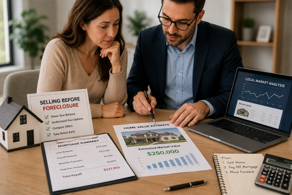 Homeowner reviewing mortgage documents and home value before selling a house in foreclosure