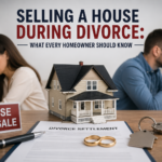 Couple selling a house during divorce while reviewing property documents.