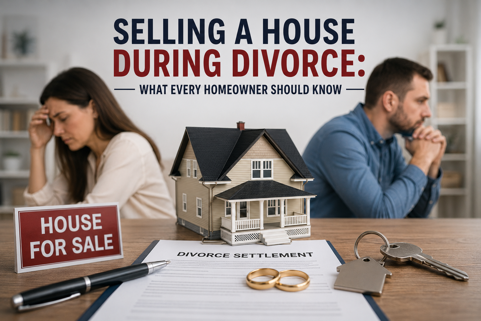 Couple selling a house during divorce while reviewing property documents.