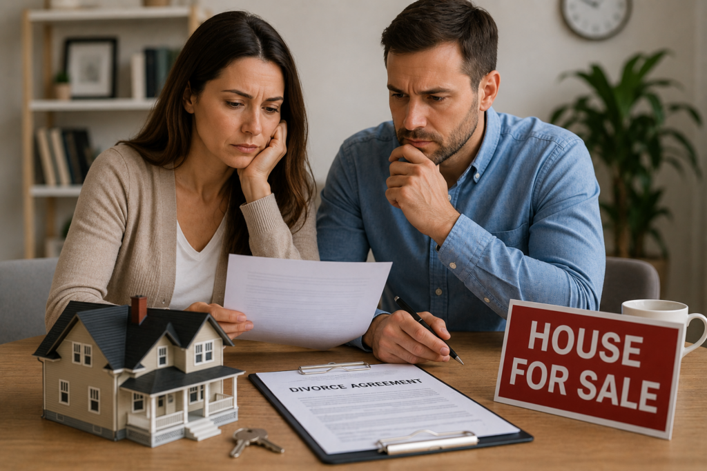 Couple reviewing property documents while selling a house during divorce.