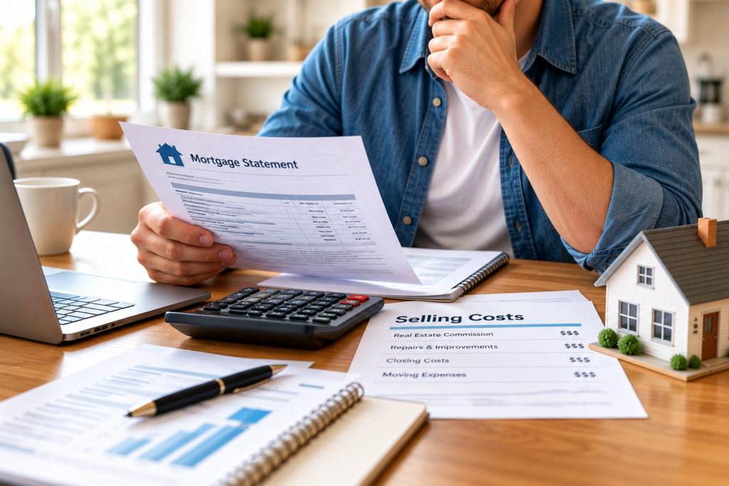 reviewing a mortgage statement and calculating home equity and selling costs