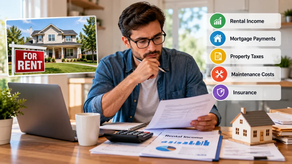 Homeowner calculating potential rental income and property expenses