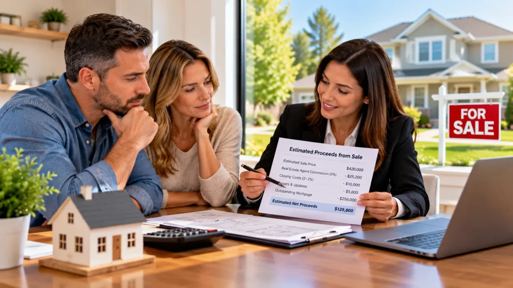 Homeowners reviewing estimated proceeds from selling their house with a real estate agent