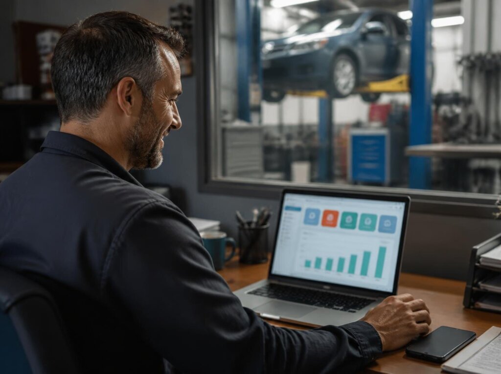 San Jose auto repair shop owner reviewing new customer leads from his marketing
