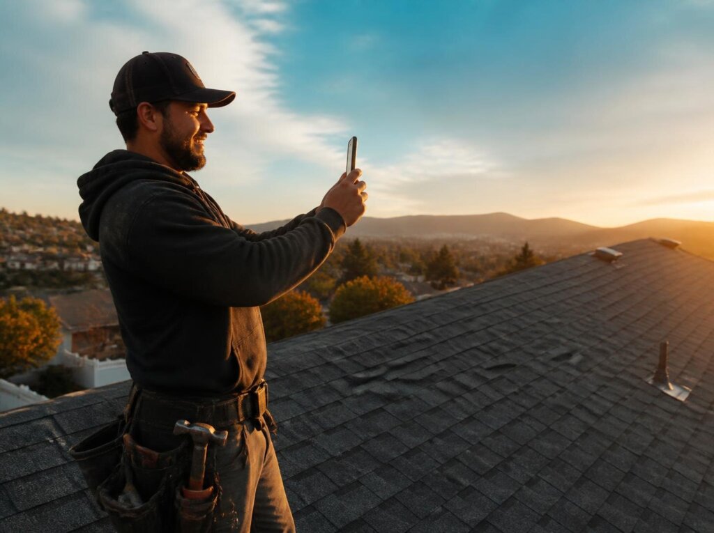 Bay Area roofer photographing a finished roof to share on social media