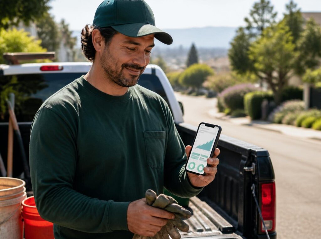 Local landscaper reviewing his monthly website performance report on his phone