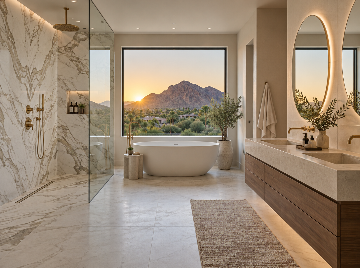 Primary bathroom with a freestanding tub, marble walls and a mountain view