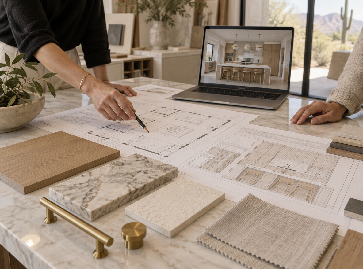 Design plans, finish samples and hardware laid out on a table