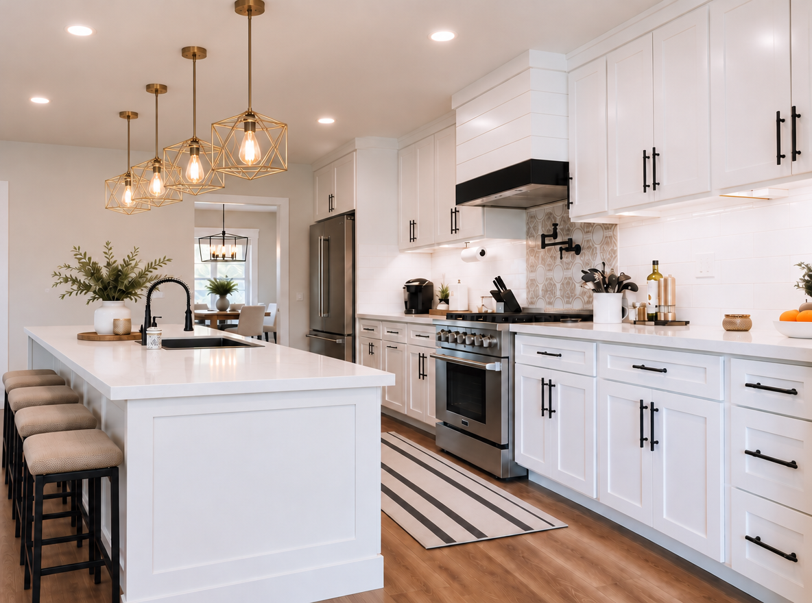 White kitchen with an island, pendant lights and bar seating