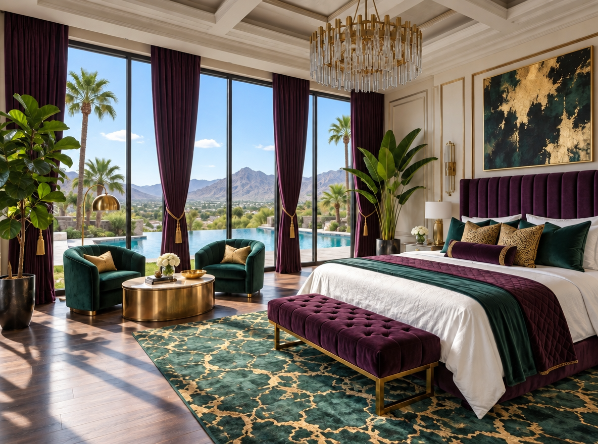 Primary bedroom with a velvet headboard, chandelier and floor-to-ceiling windows