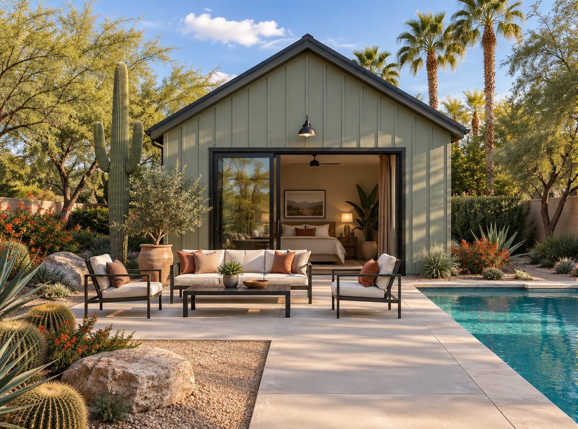 Backyard casita beside a pool with desert landscaping