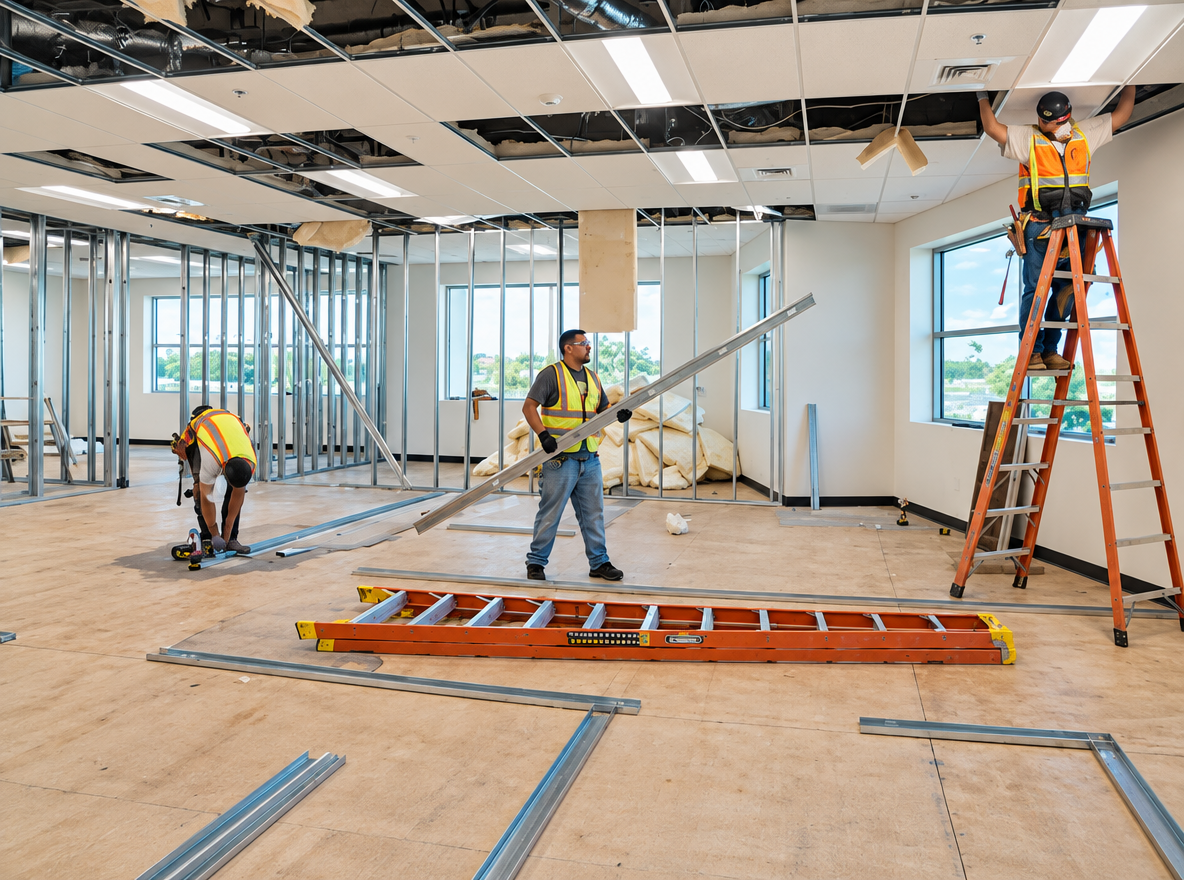 Commercial interior under construction with metal stud framing