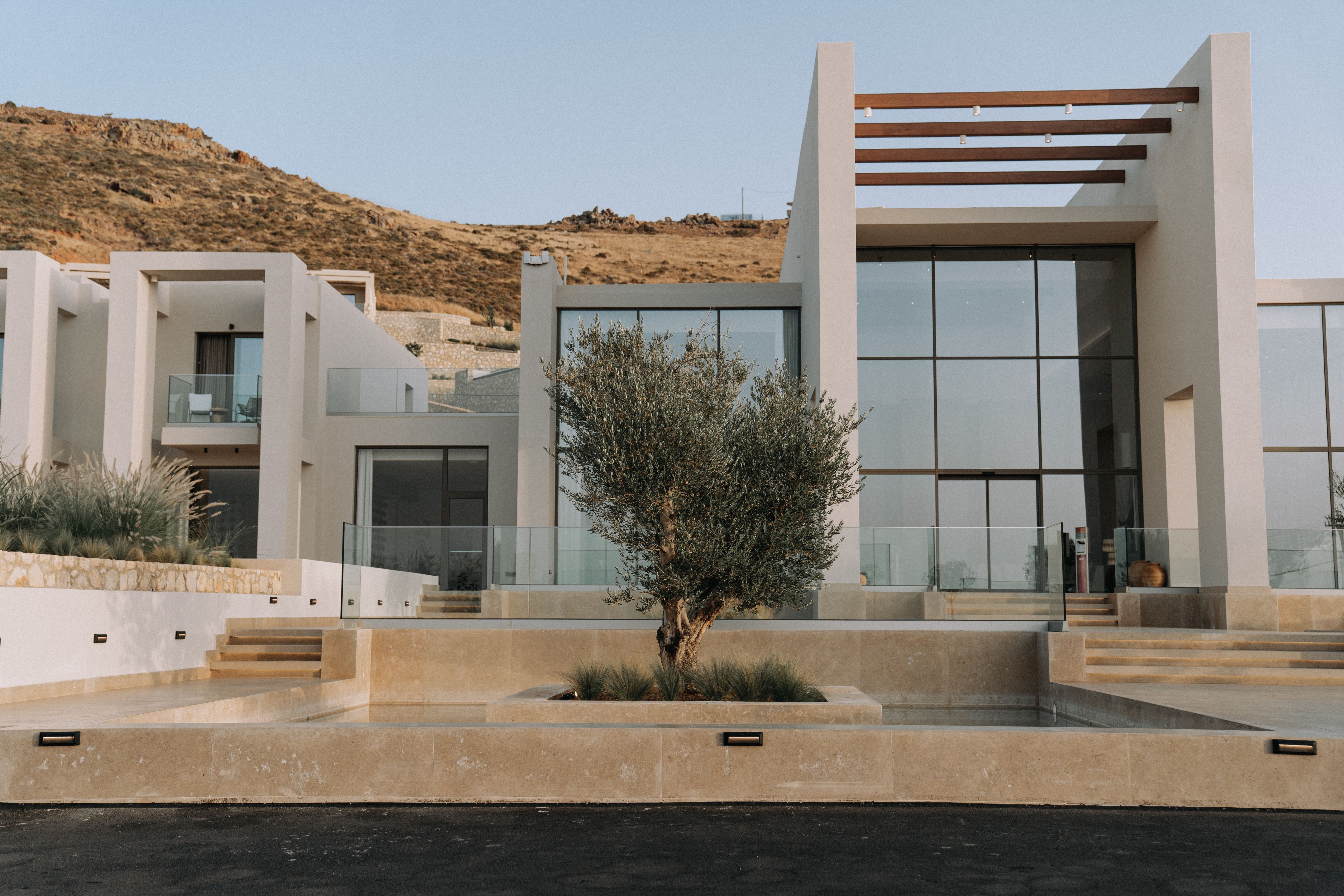 Single-story luxury home with a tile roof, palm trees and a wide paver driveway