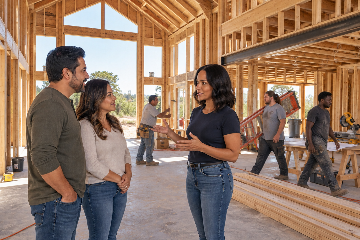 Homeowners talking with the Wise Construction team inside a home under construction