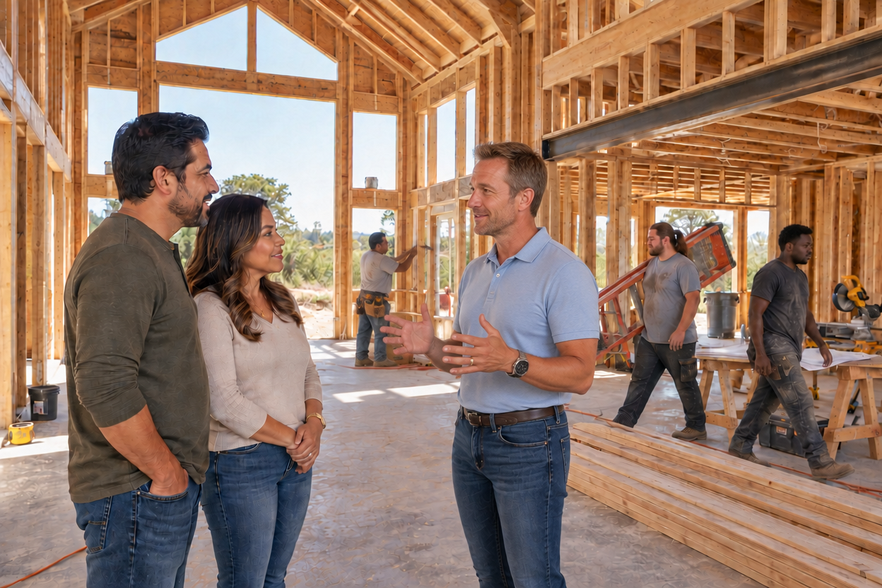 Wise Construction team member reviewing a project with homeowners
