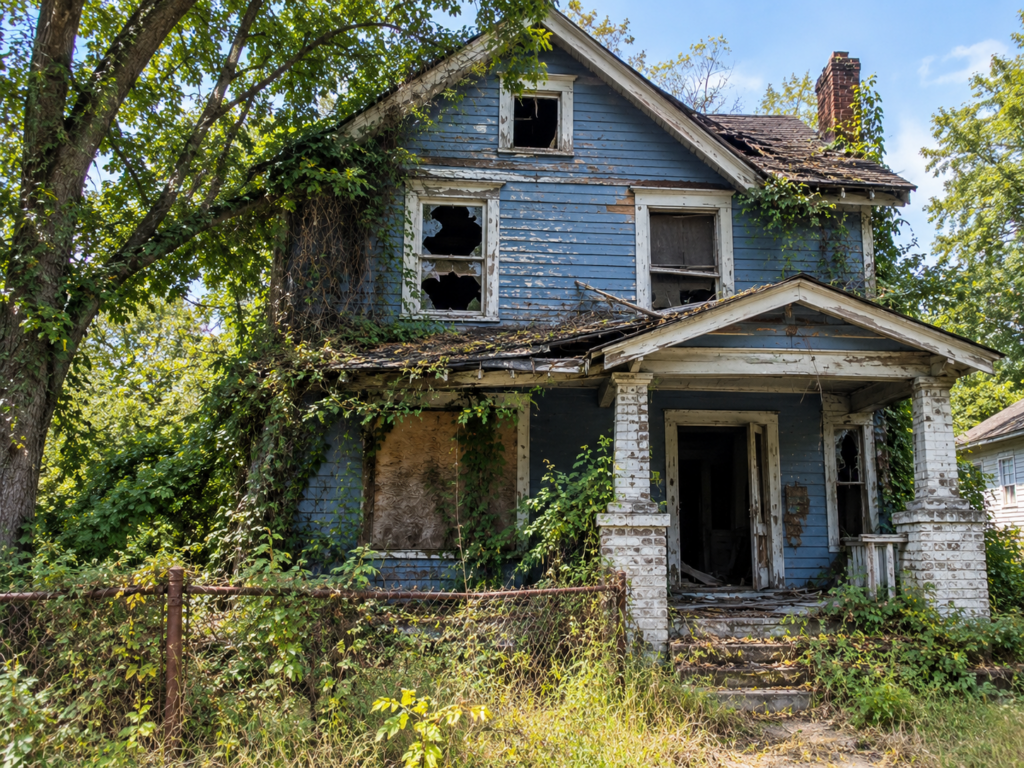 boarded up blue house in Atlanta