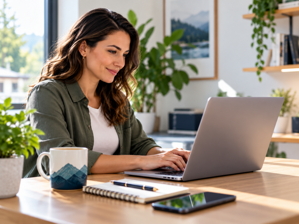 Smiling woman at computer