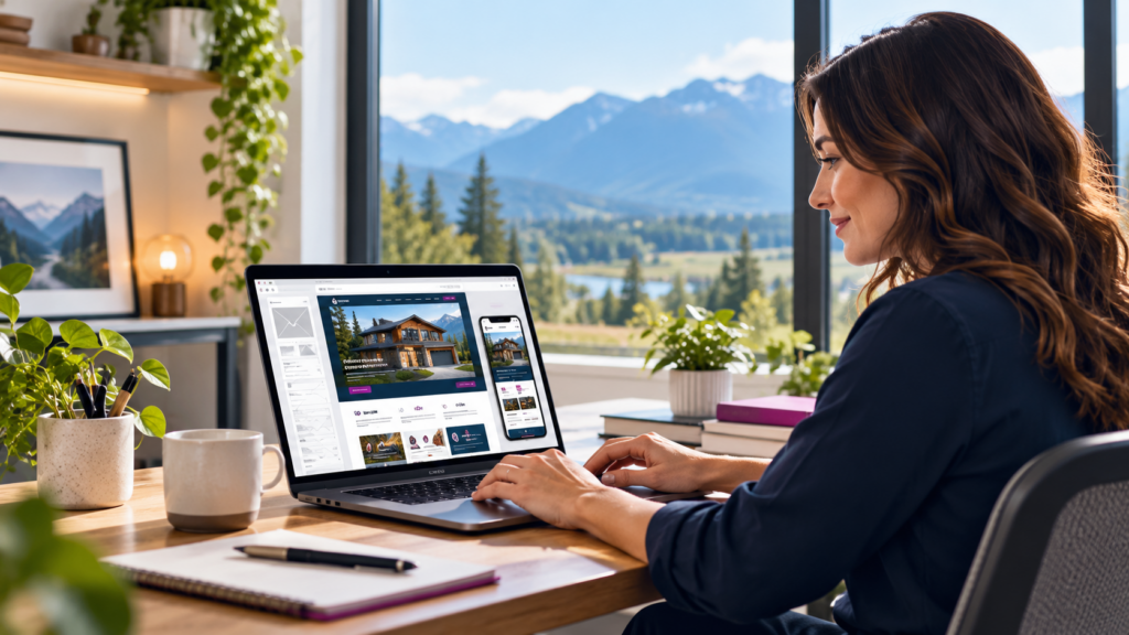 woman working at computer with BC mountains in window view