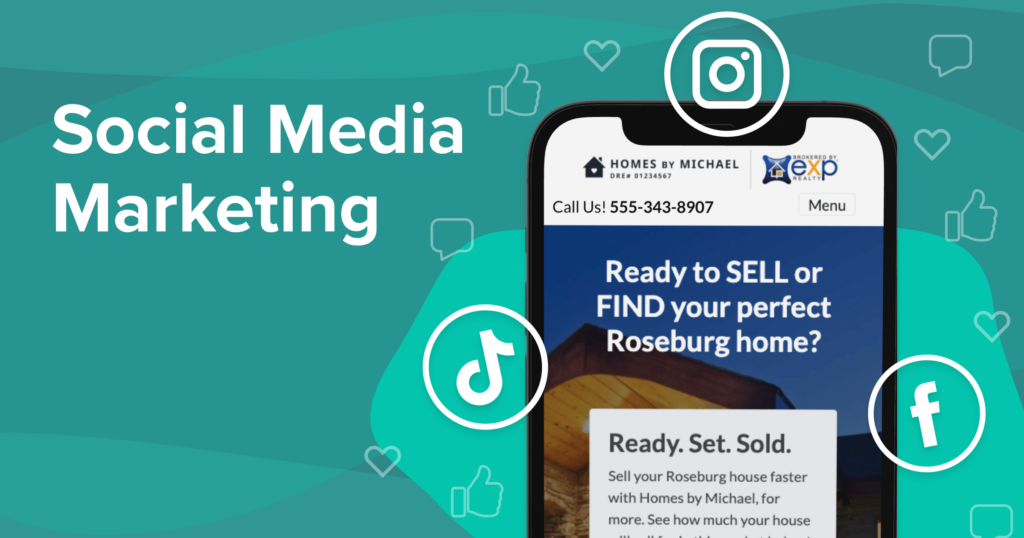 Real estate social media marketing cover image with social icons and a phone showing a custom landing page. 