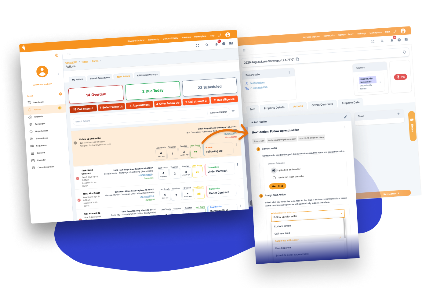 Screenshot graphics showing the Actions dashboards in Carrot CRM. 